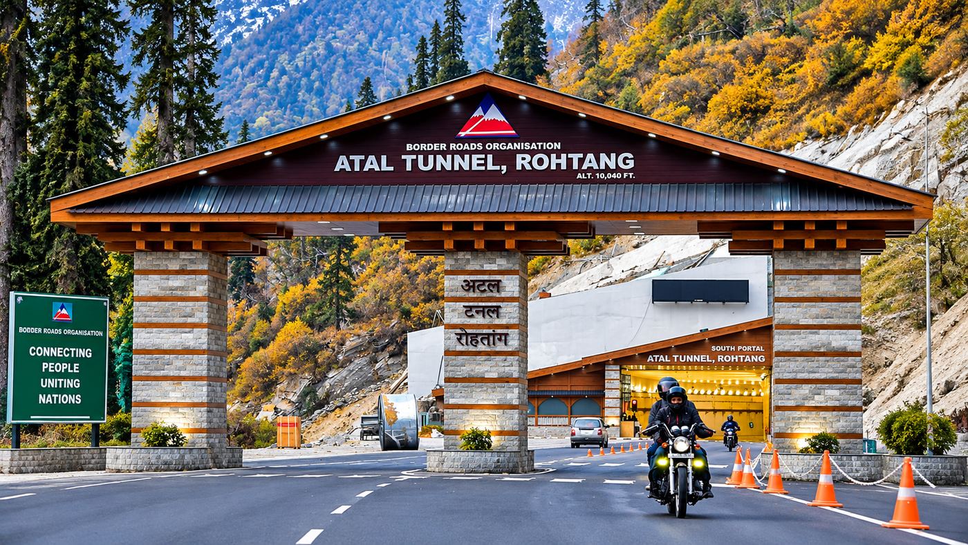 South portal of the Atal Tunnel at Rohtang with a motorcycle approaching the entrance