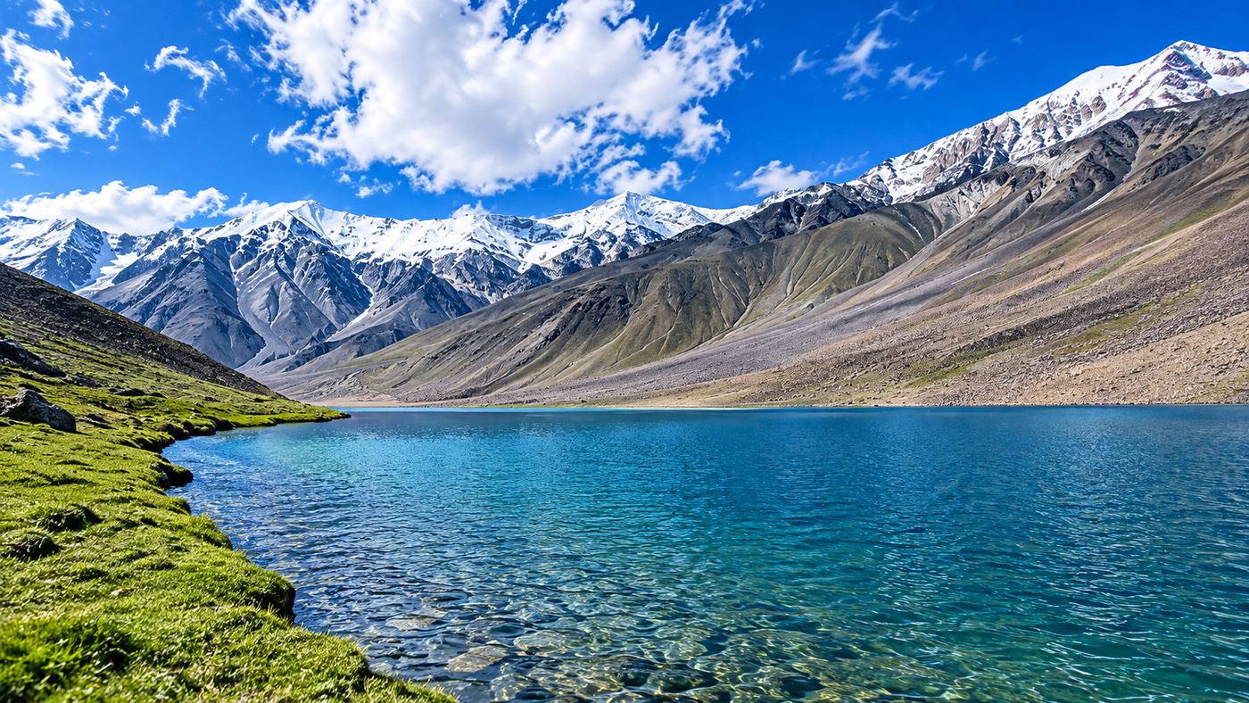 Turquoise water of Chandratal Lake below snow-covered ridges in Lahaul and Spiti