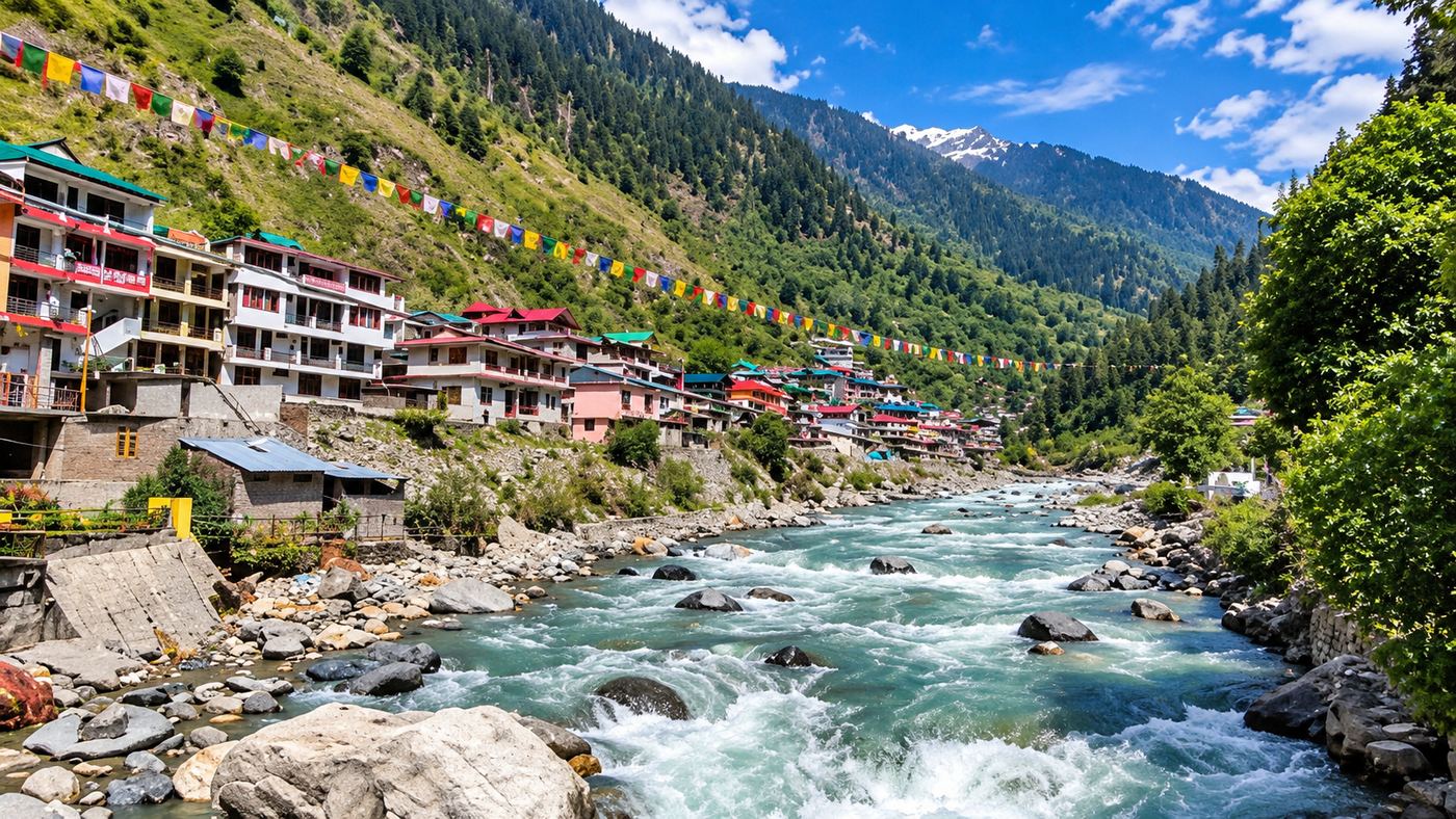 Prayer flags over guesthouses beside the Parvati river at Kasol, Himachal Pradesh