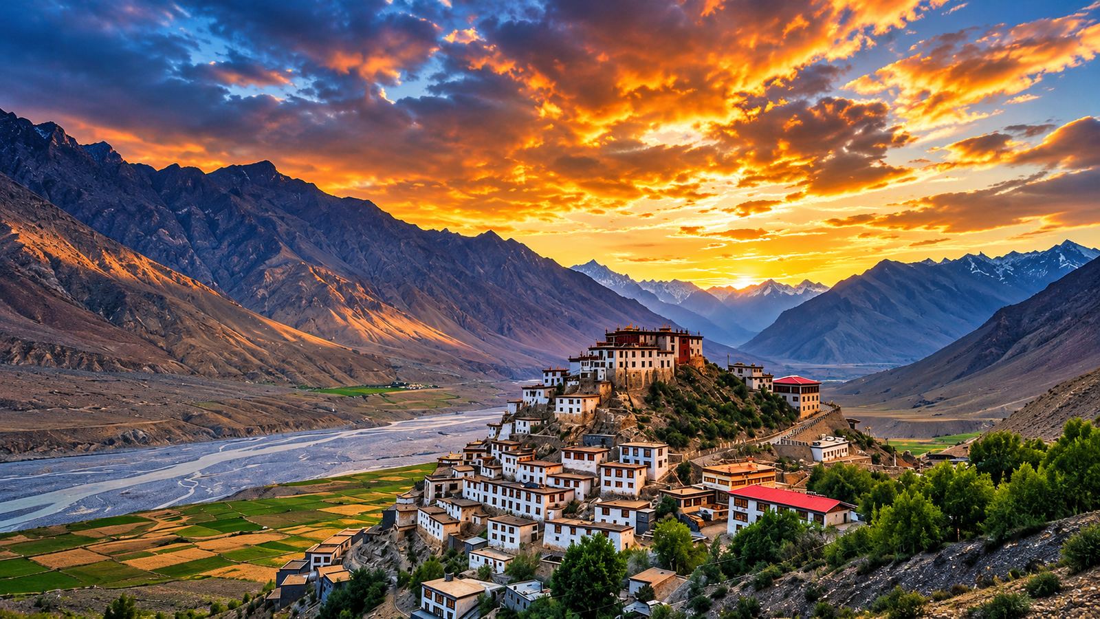 Key Monastery above the Spiti river at sunset, Spiti Valley, Himachal Pradesh