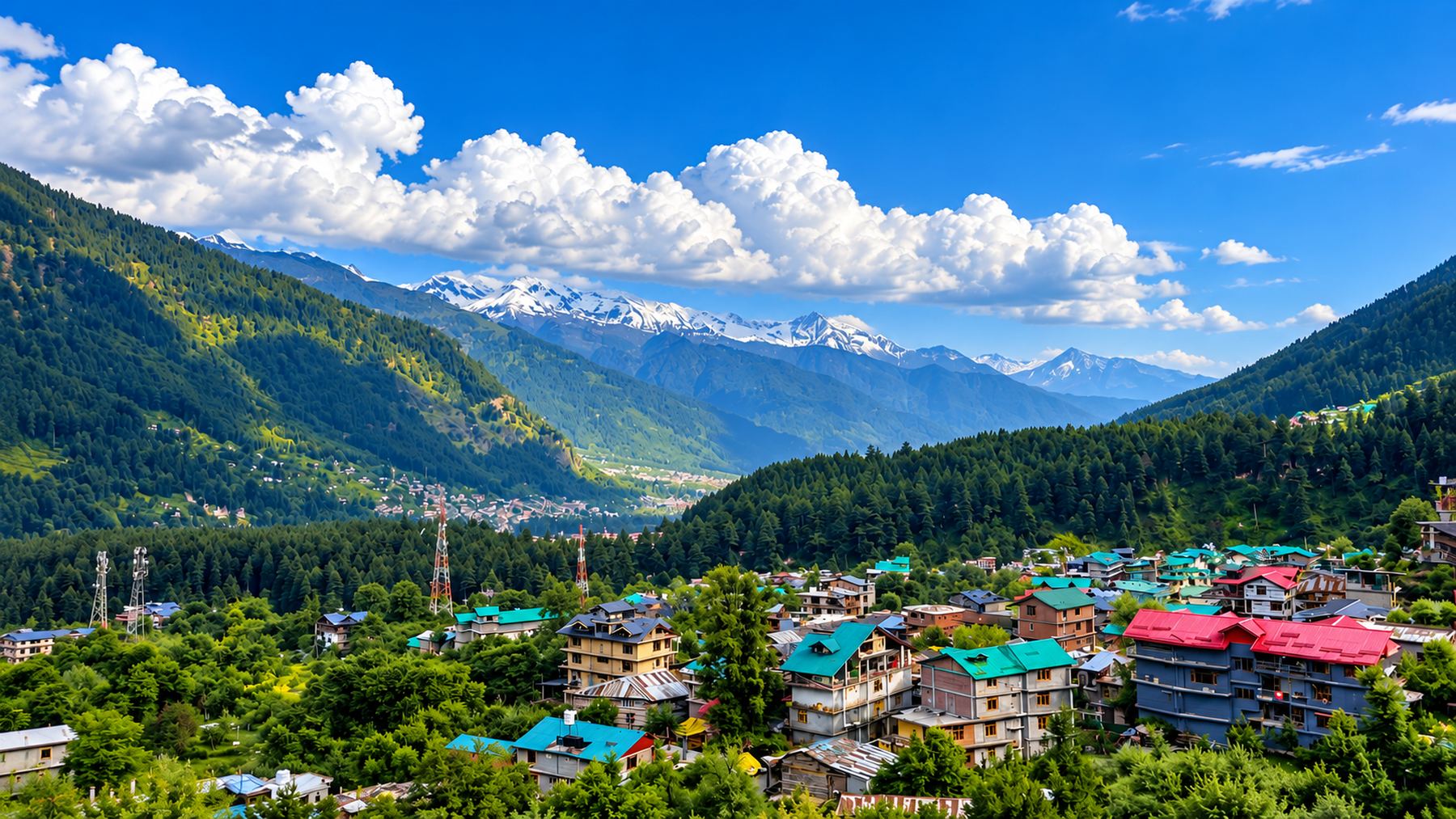 Manali valley in Himachal Pradesh with deodar forest and snow-capped Pir Panjal peaks behind the town