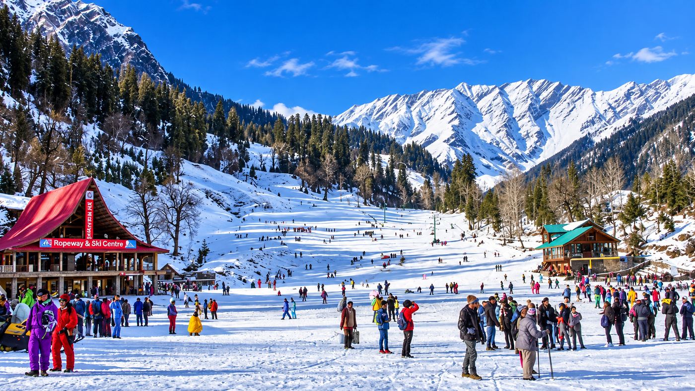 Visitors and the ropeway and ski centre on the snowfield at Solang Valley near Manali